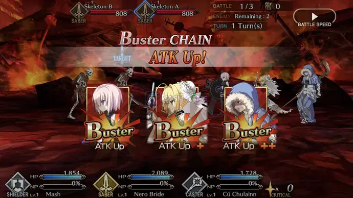 Quick, Arts, and Buster card combinations demonstrate different chain bonuses.