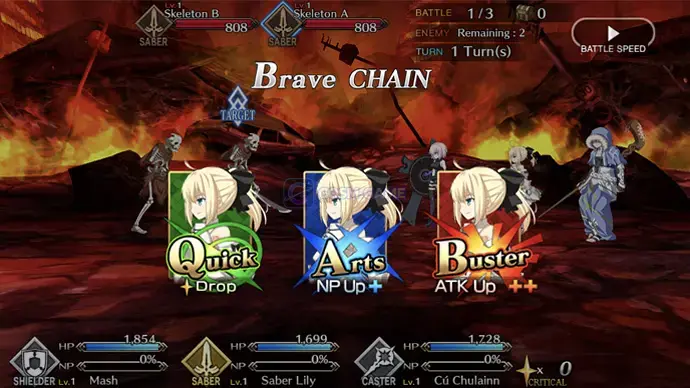Quick, Arts, and Buster Command Cards are displayed for selection in battle.