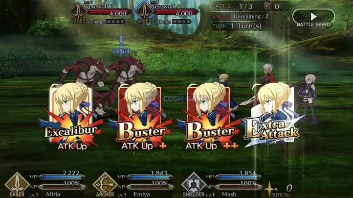 Command Cards from one Servant are selected to trigger an Extra Attack.