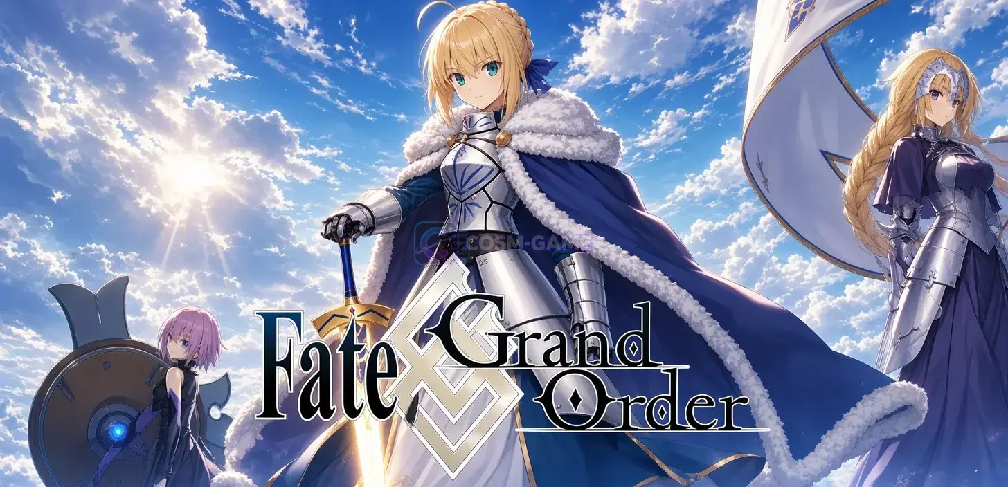 Fate/Grand Order fantasy artwork fills a dramatic blue and white key visual.