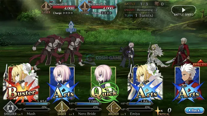A Fate/Grand Order battle screen shows the player's Servants facing enemies during a combat turn.
