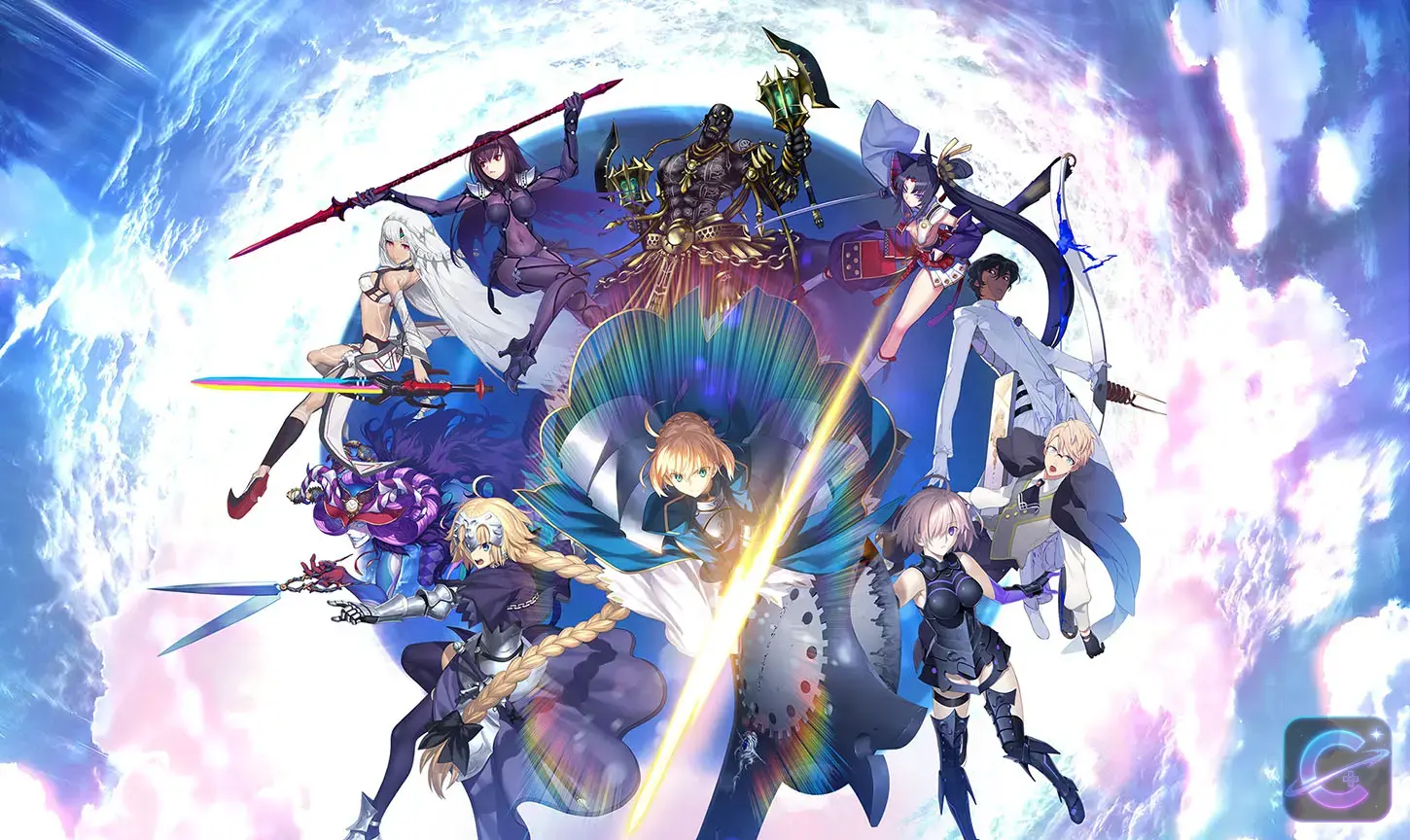 Fate/Grand Order title screen with the game logo over a blue sky and bright circular light.