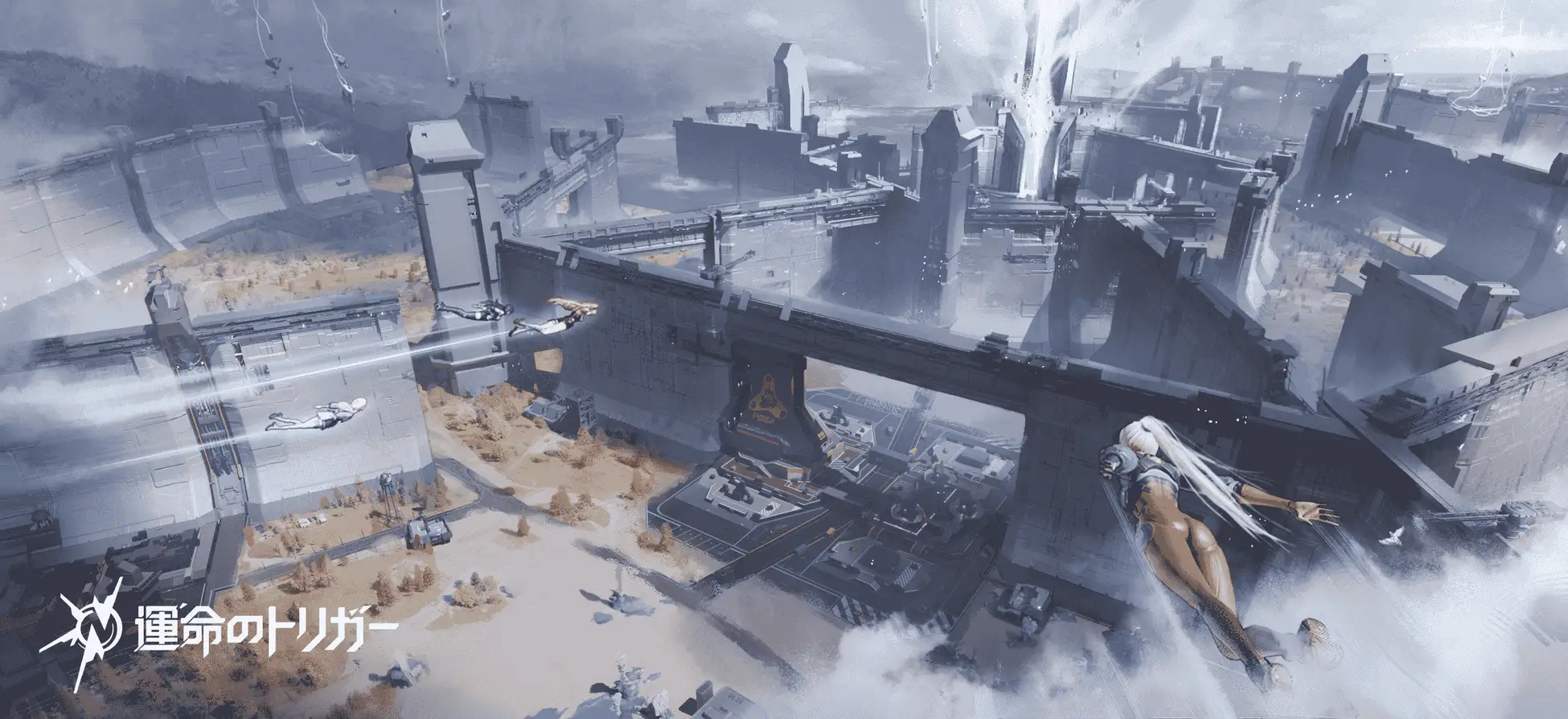 An aerial view shows a sprawling futuristic battlefield divided by enormous walls and elevated structures as an Awakener glides nearby.