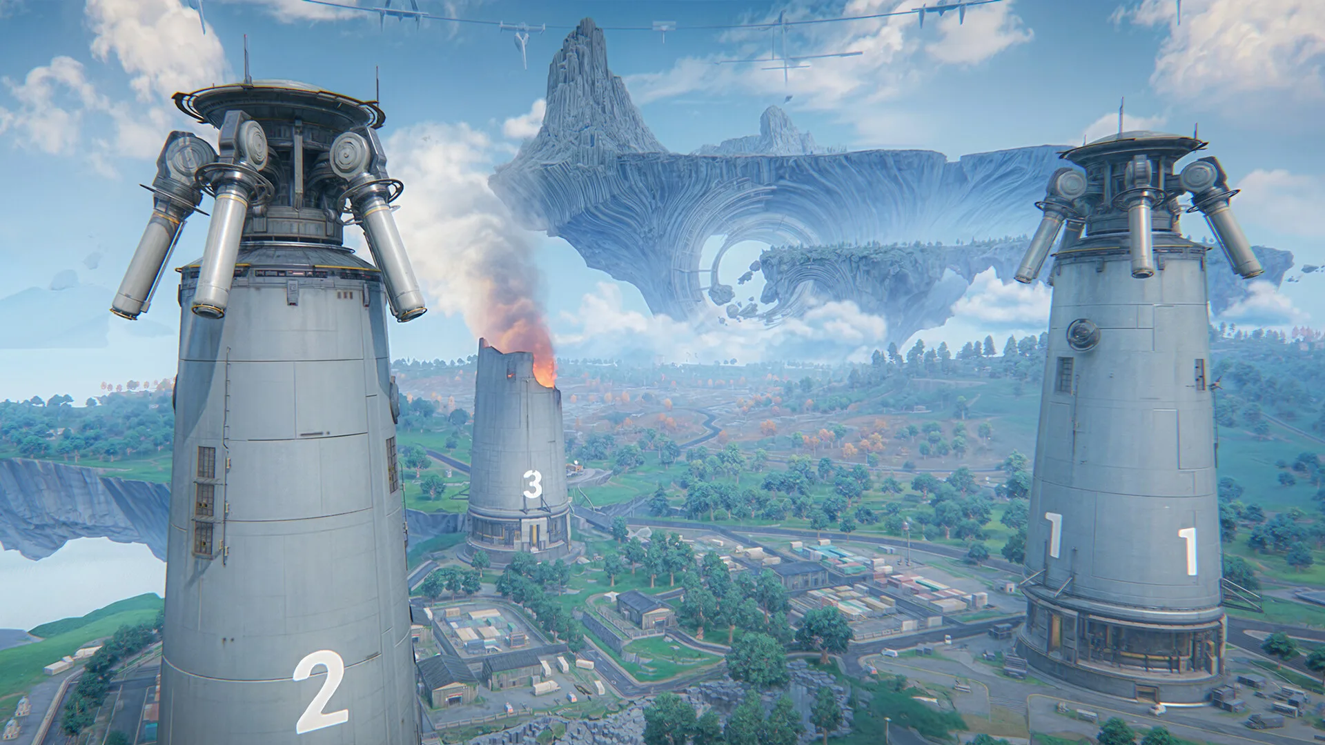 A futuristic floating-island landscape features numbered towers beneath a massive structure suspended in the sky.