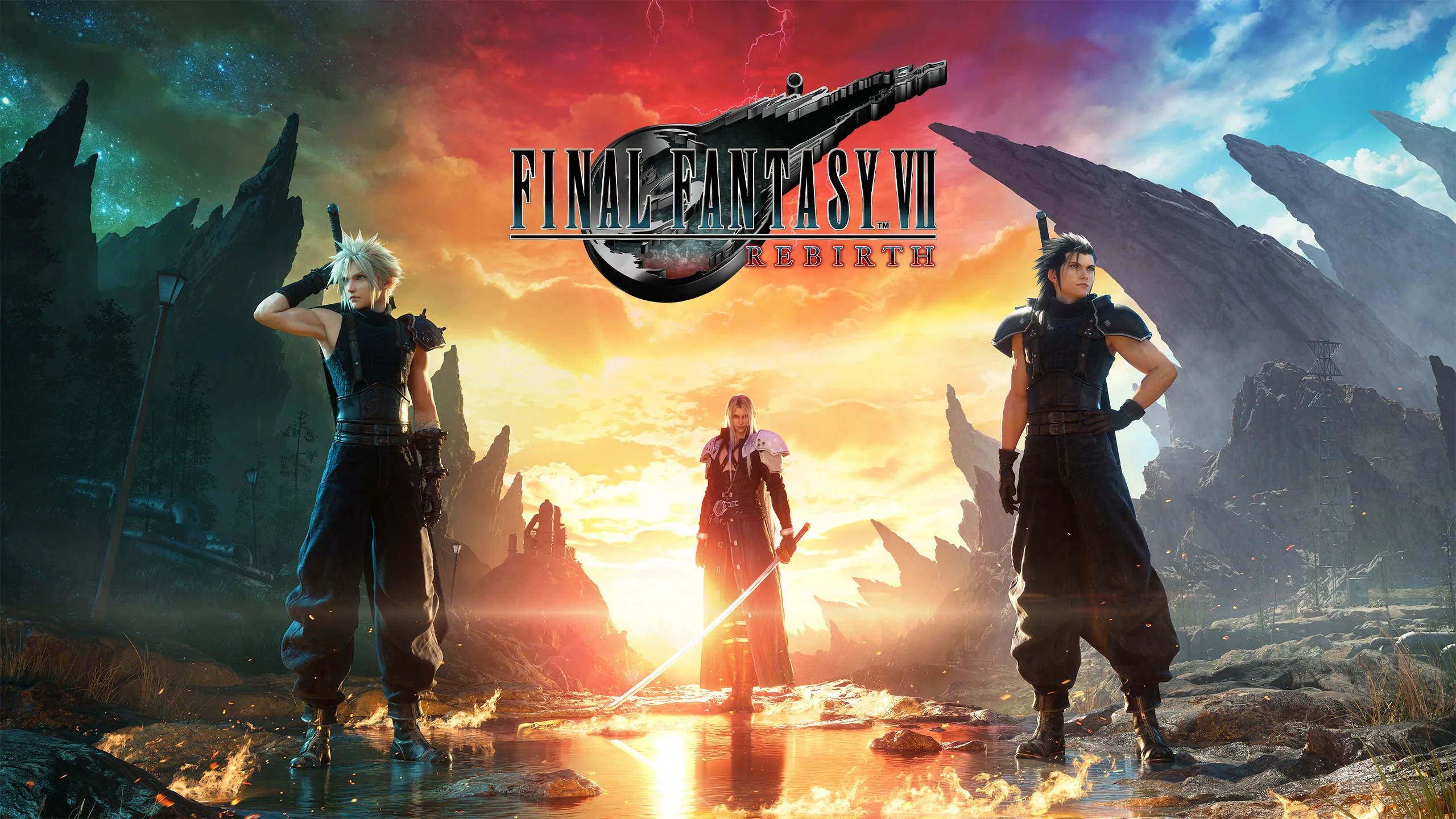 A wide view of the world beyond Midgar with mountains, ruins, waterways, and Junon in the distance.