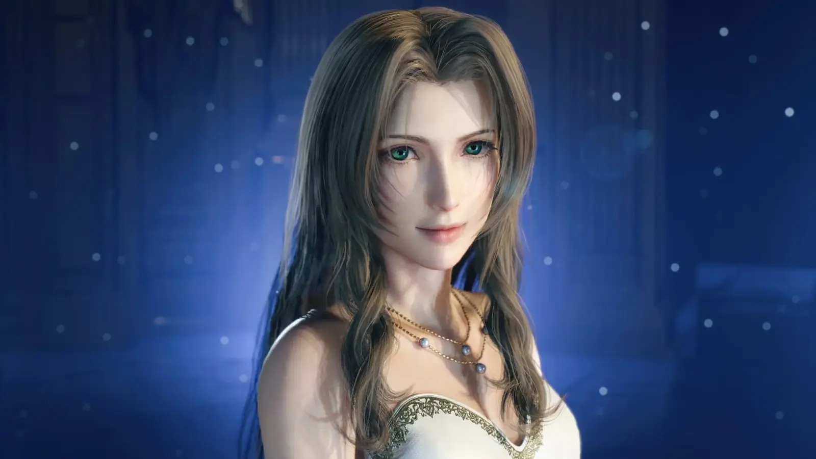 Aerith turns toward the camera wearing the white dress from her stage performance.