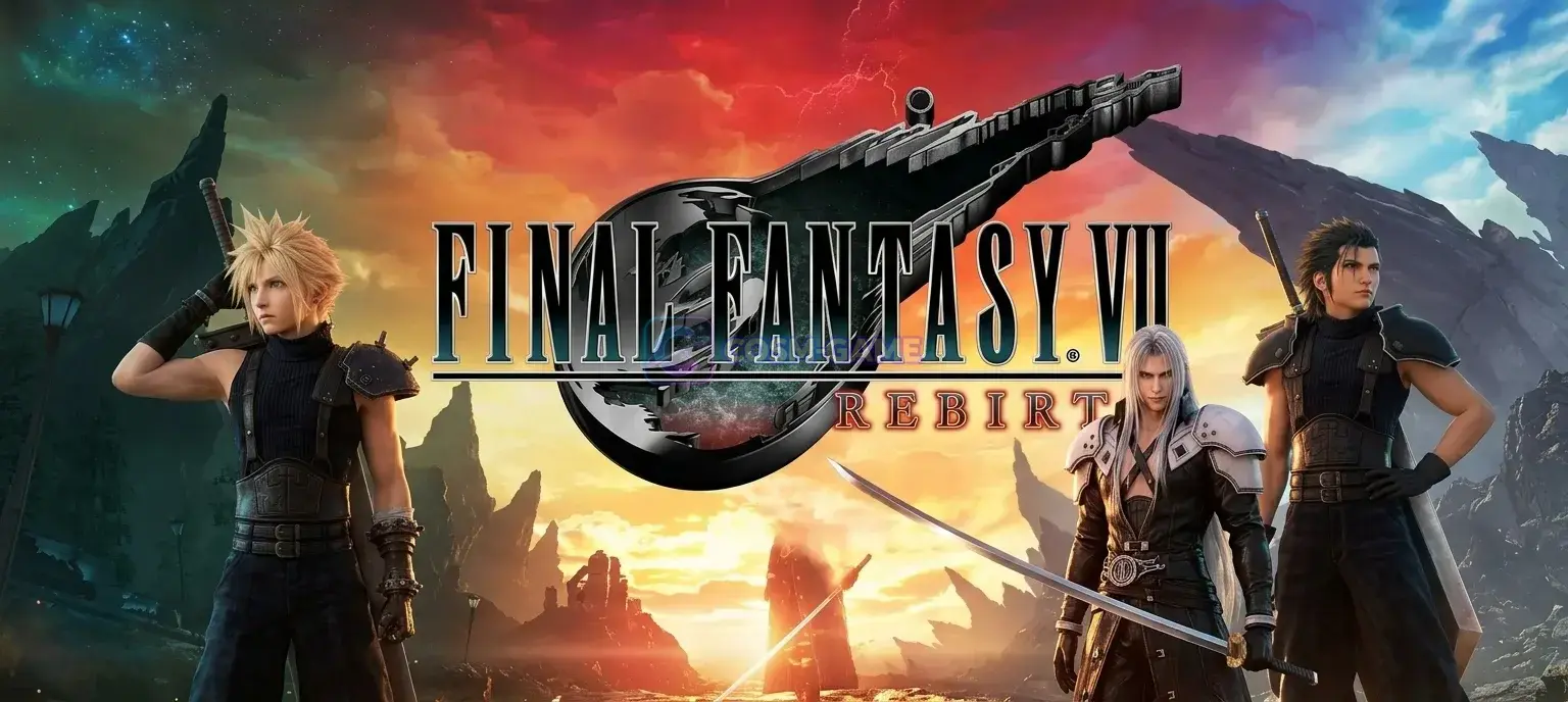 Cloud, Aerith, and Tifa look toward a star-filled scene in official FINAL FANTASY VII REBIRTH artwork.