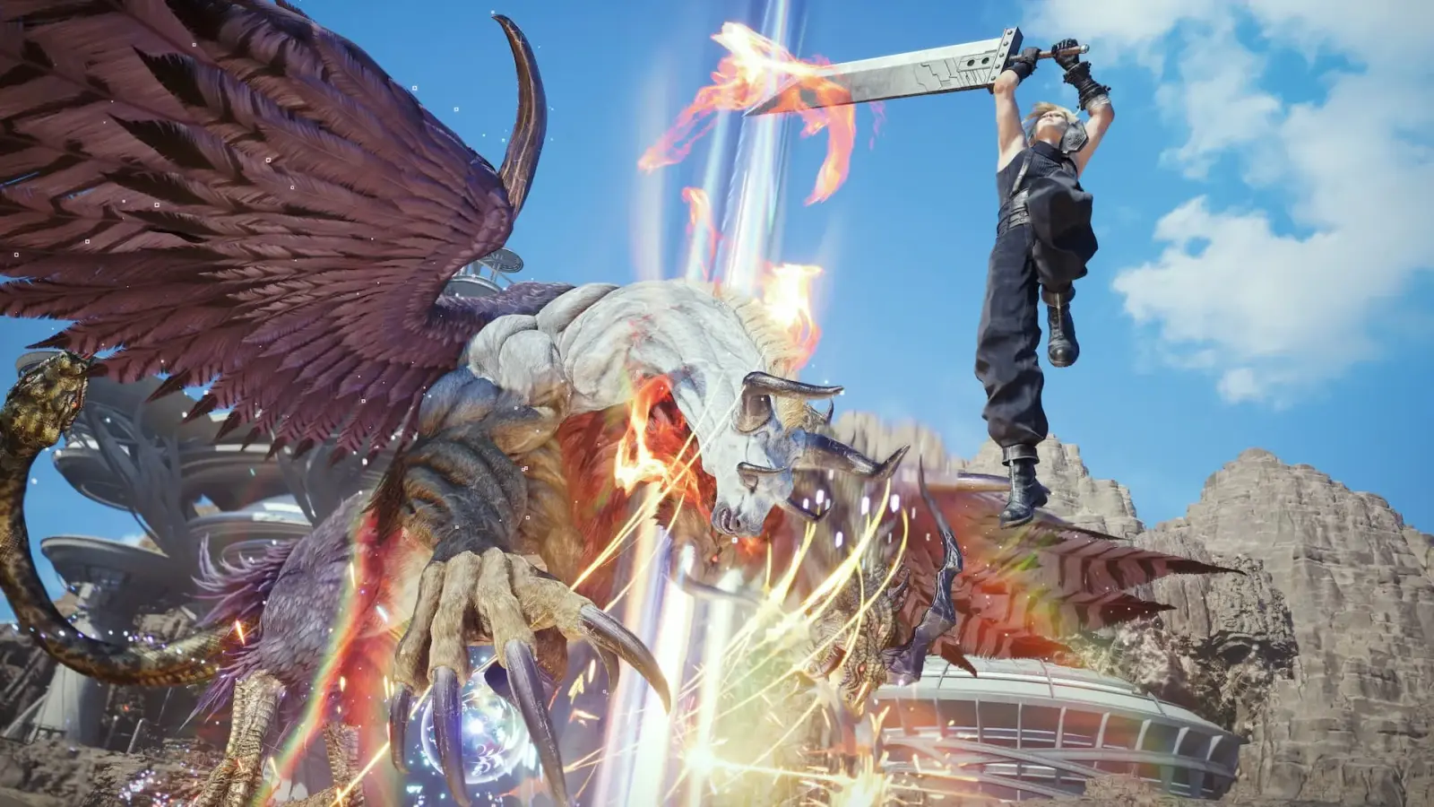 Cloud leaps into the air with the Buster Sword while attacking a large winged Chimera.