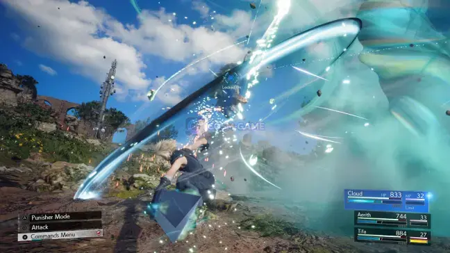 Cloud performs a powerful attack during combat in FINAL FANTASY VII REBIRTH.