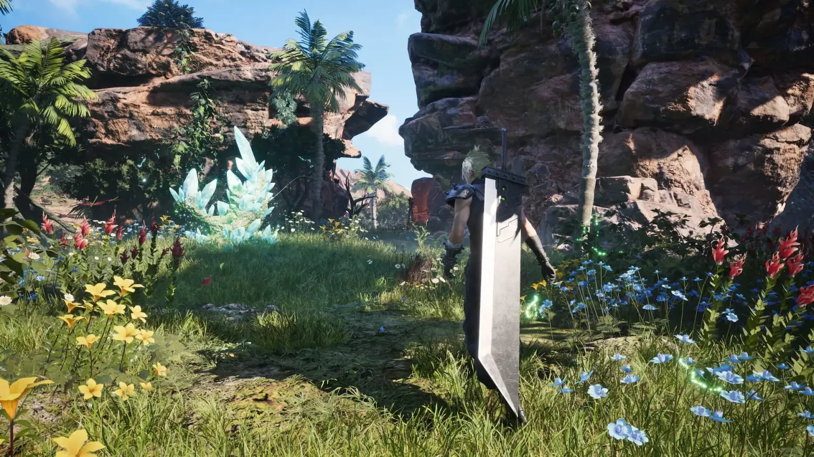 Cloud walks through dense vegetation, colorful flowers, rock formations, and glowing crystals in Gongaga.