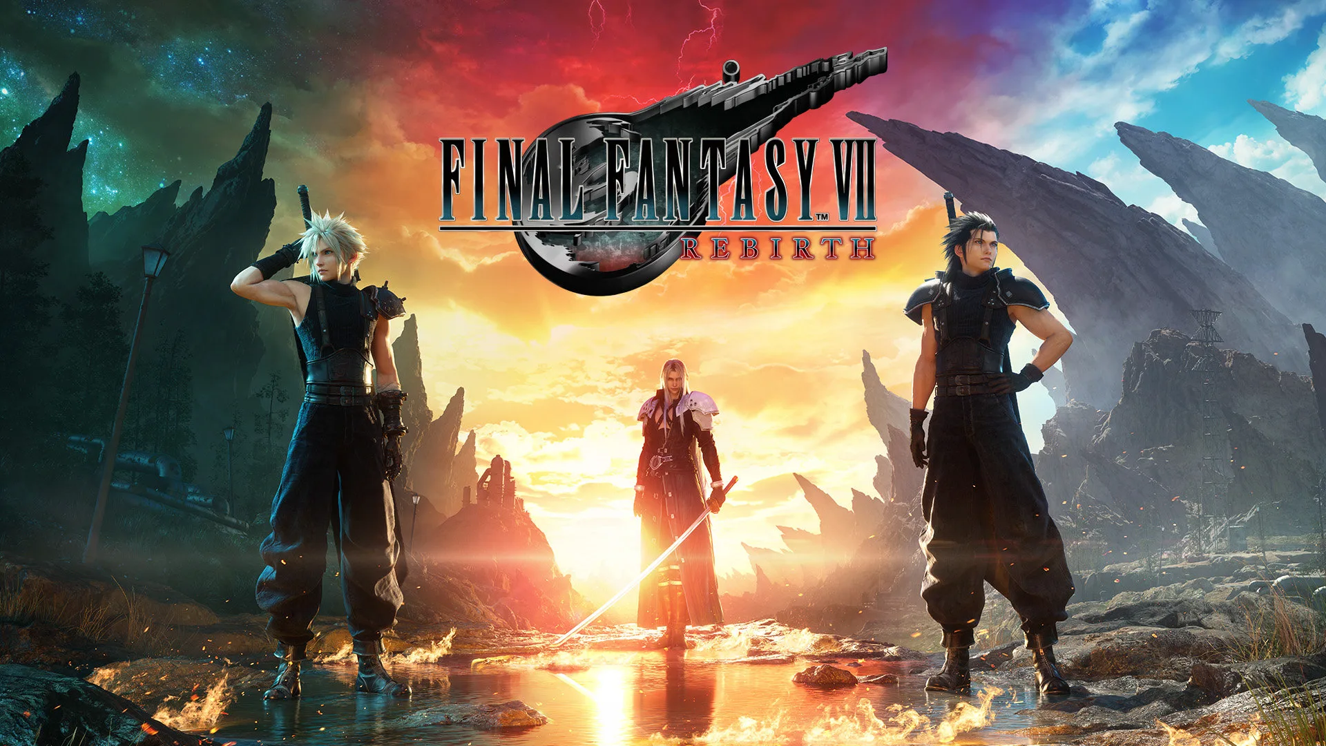 Cloud, Sephiroth and Zack stand across a fractured landscape in the FINAL FANTASY VII REBIRTH key art.