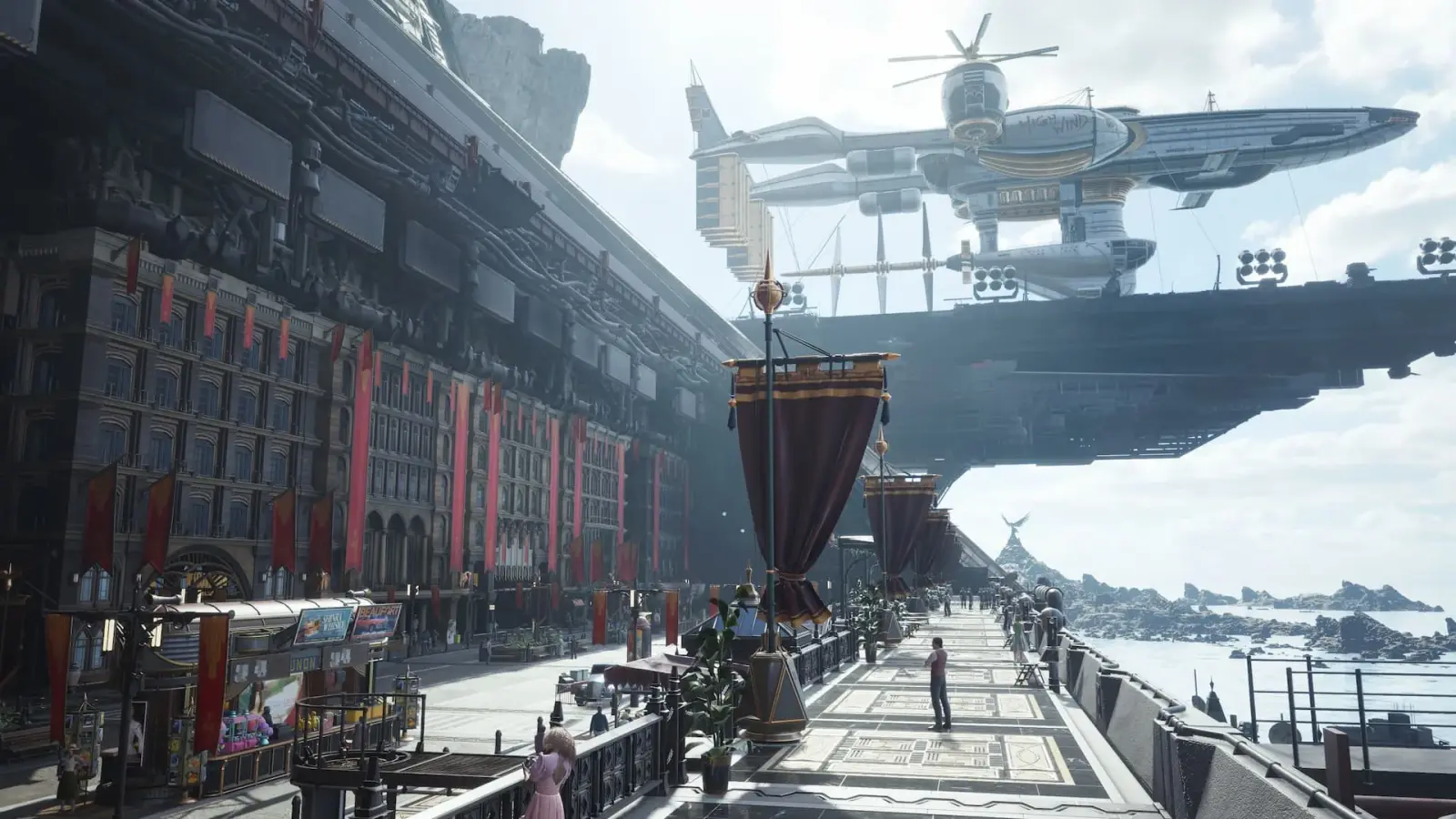 Junon's waterfront district sits beneath the enormous Highwind airship and elevated military structures.