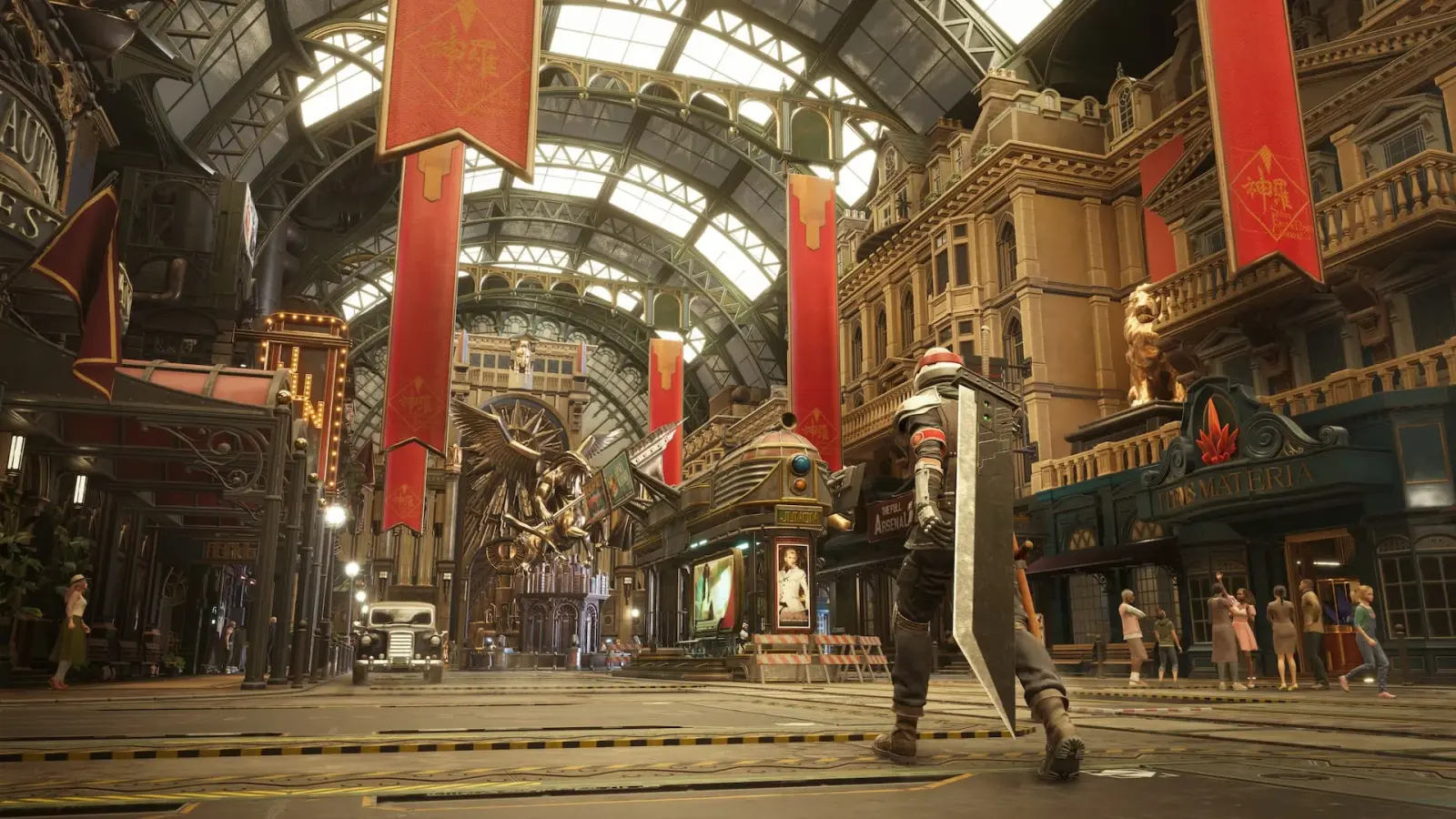 Cloud walks through Junon's ornate city streets beneath large red Shinra banners.