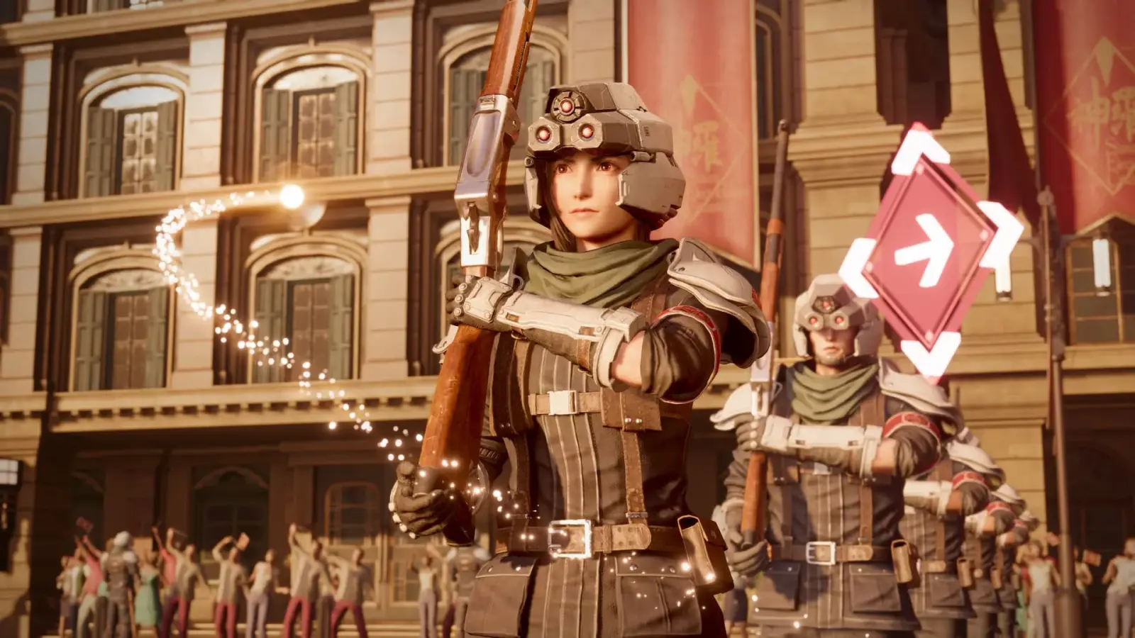 Tifa wears a Shinra infantry uniform and holds a rifle while soldiers stand in formation behind her.