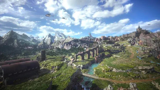 Mountains, forests, ruins, waterways, and the city of Junon stretch across the expansive world beyond Midgar.