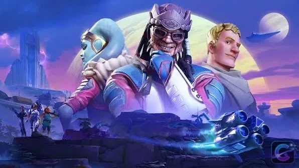 Fortnite characters and gaming crossover characters gathered around a giant Fortnite screen