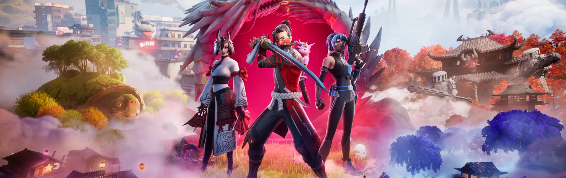 Fortnite characters stand together across the Chapter 6 island with forests, cities, temples, and a giant red creature behind them.