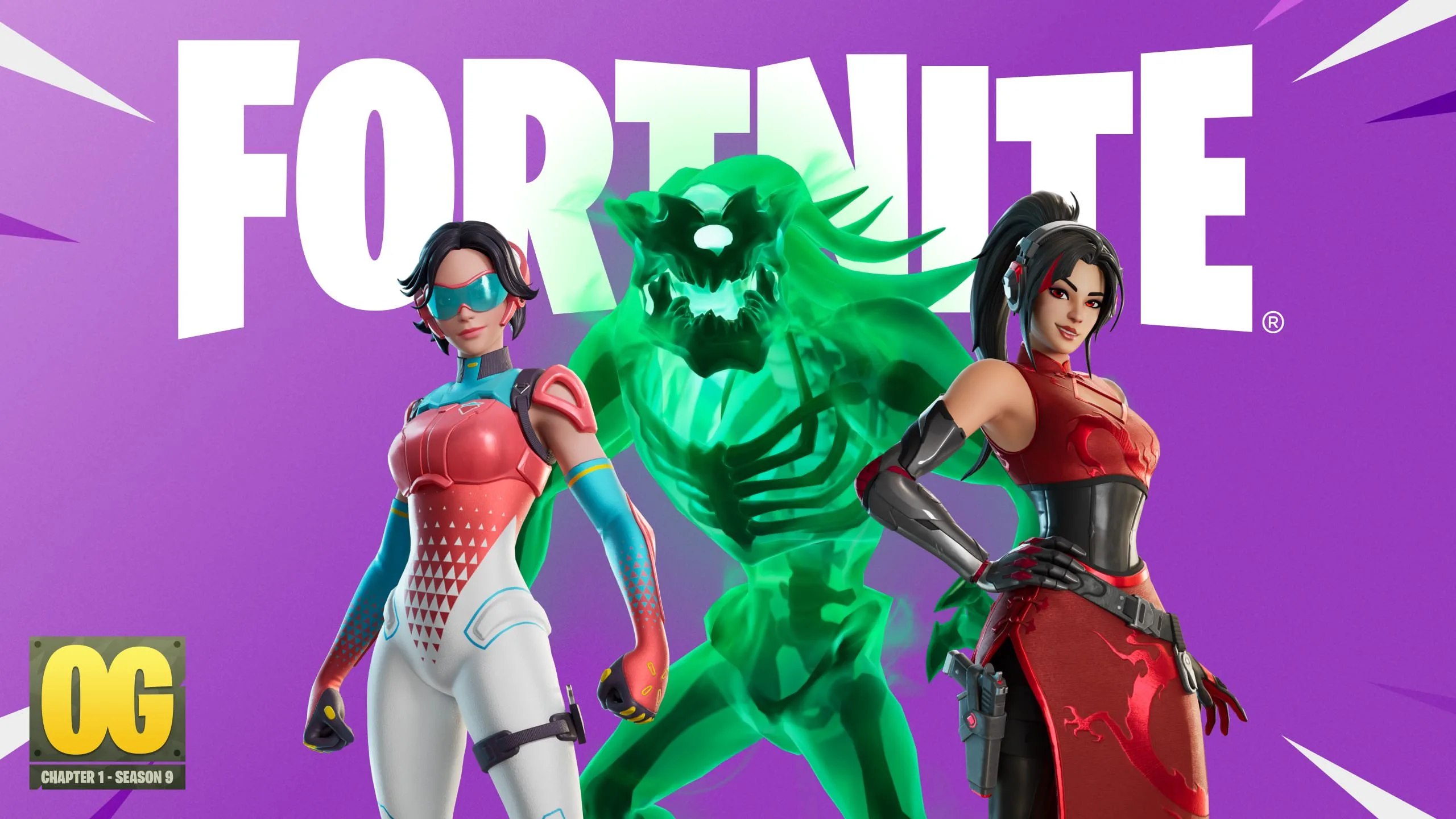 Two Fortnite fighters flank a glowing green skeletal figure beneath the Fortnite logo.