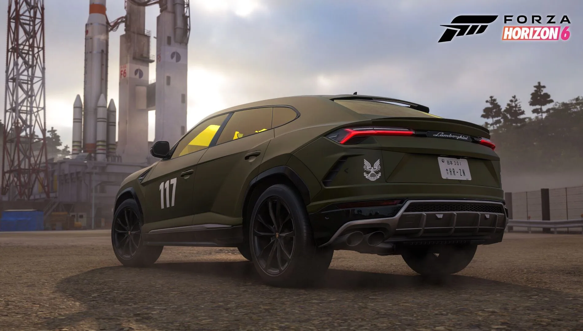 Armor-green Lamborghini Urus SE with Master Chief 117 markings driving in Forza Horizon 6.