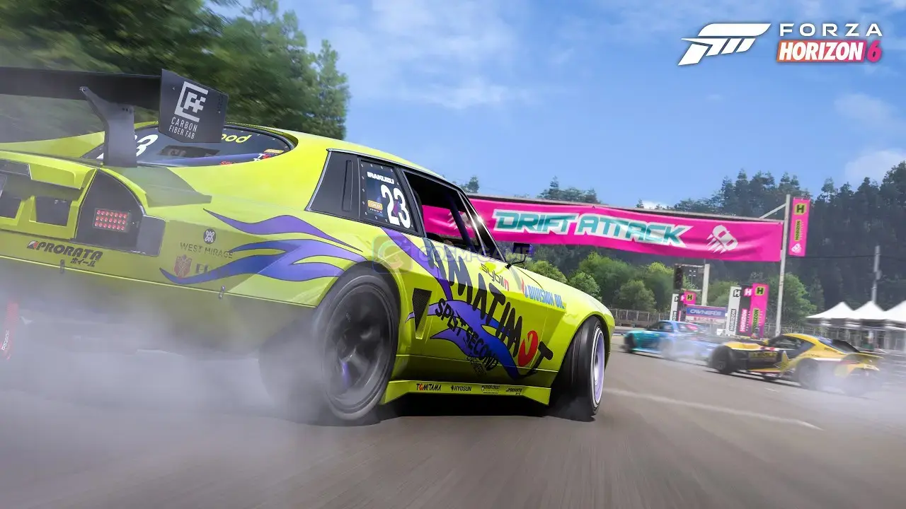 A Forza Horizon 6 car drifts around Shimanoyama Circuit in the official Drift Attack gameplay teaser.