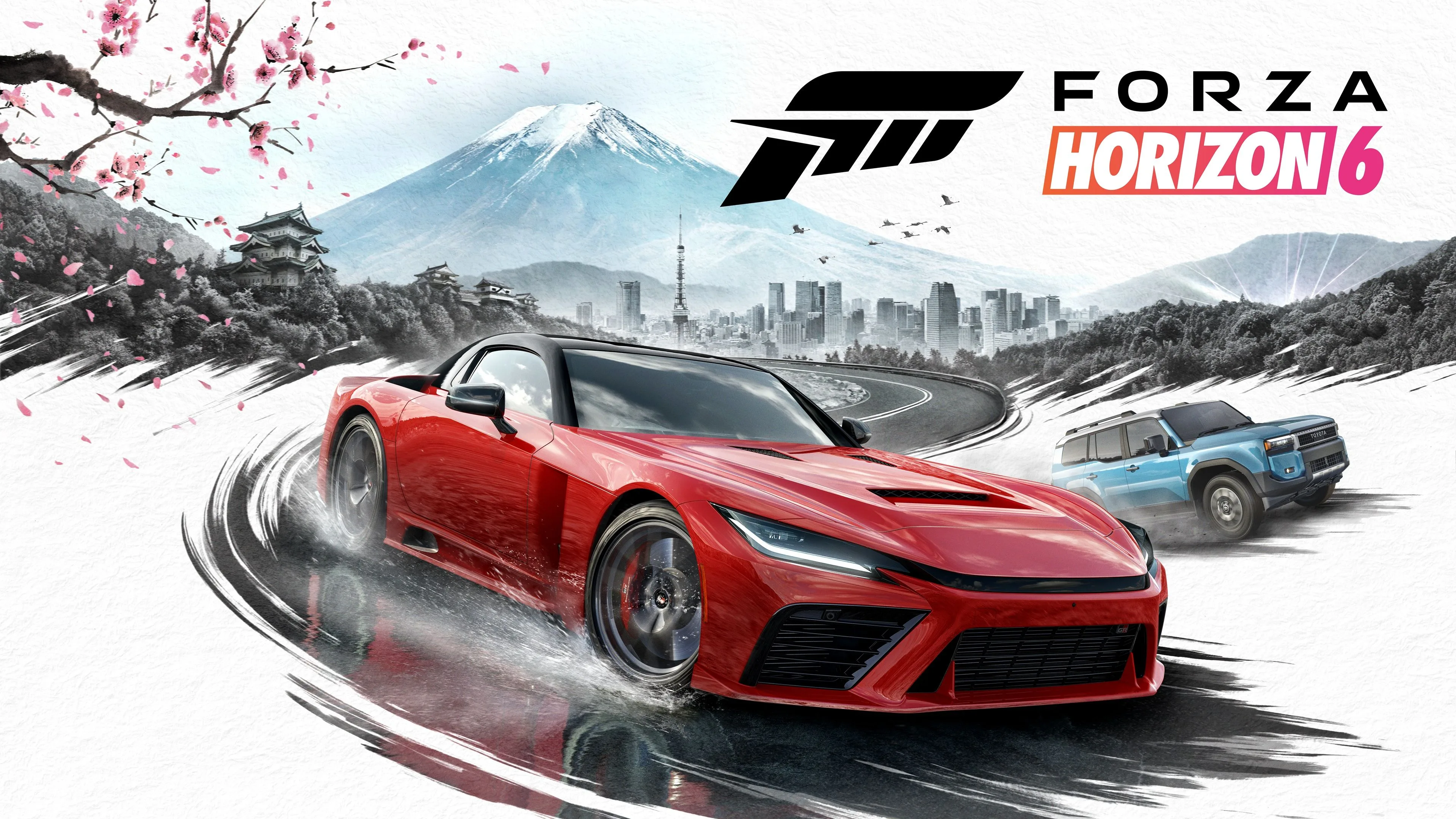 A red 2025 GR GT Prototype and blue Toyota Land Cruiser race toward Tokyo and Mount Fuji in Forza Horizon 6 artwork.