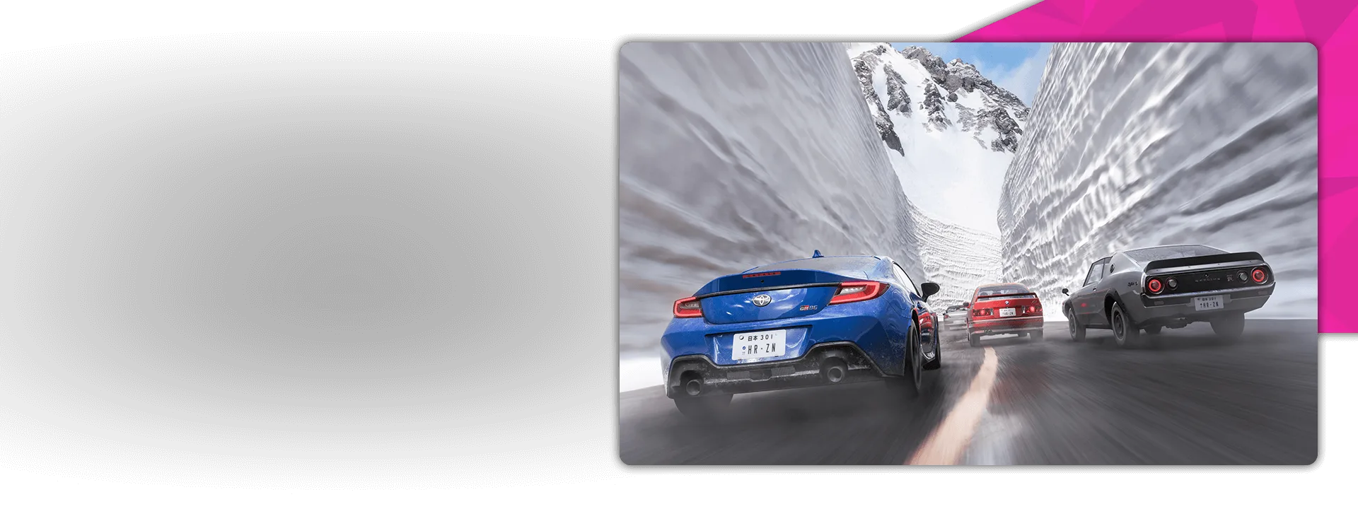 Three cars race between towering snow walls on a mountain road in the Japanese Alps.