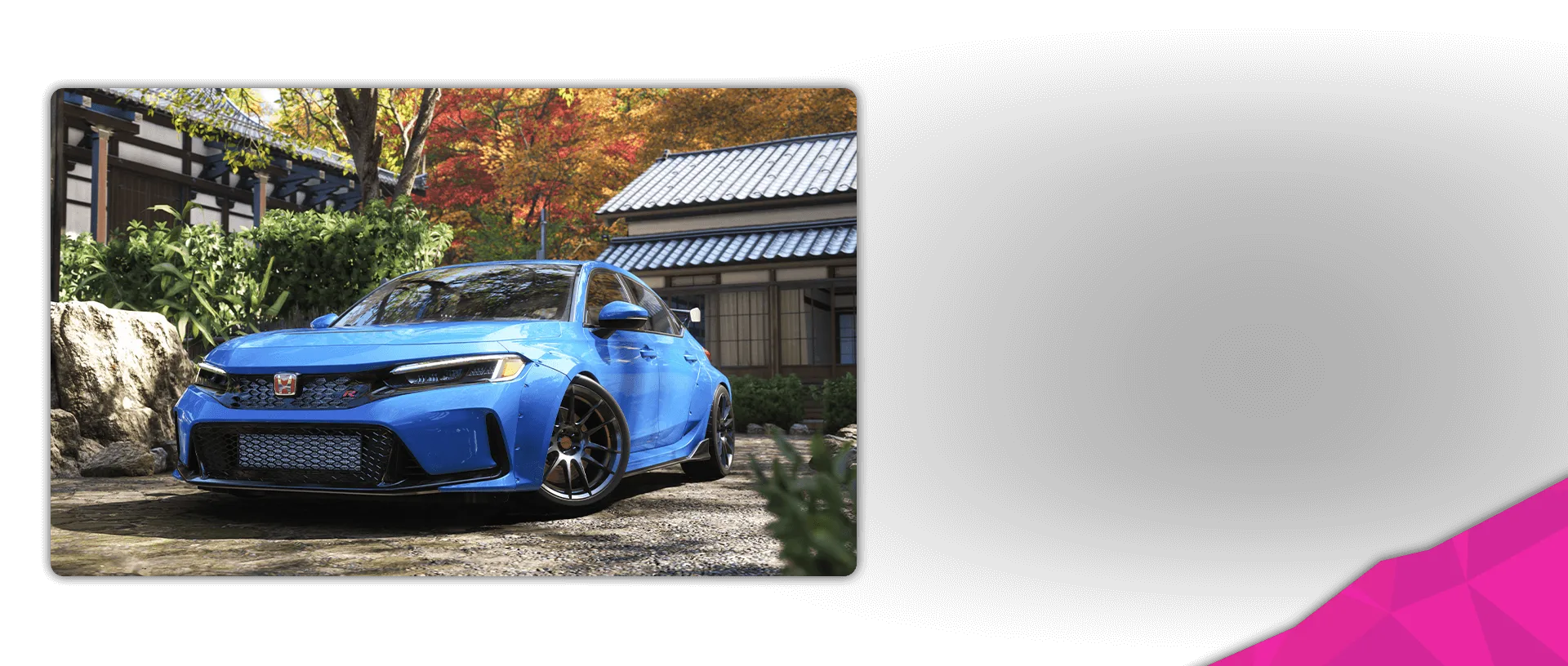 A blue Honda Civic Type R is parked outside a traditional Japanese-style home surrounded by autumn foliage.