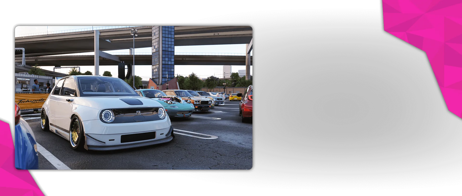 A customized white Honda sits among other cars at an urban Japanese Car Meet beneath elevated highways.