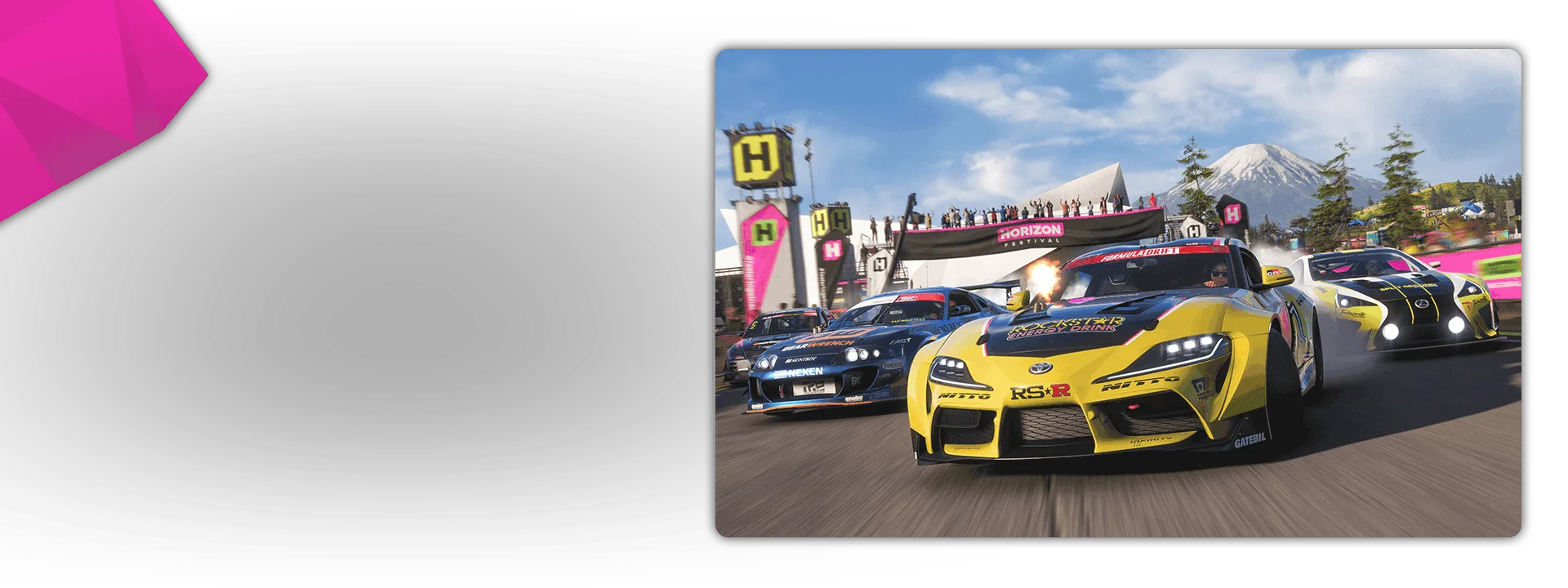 Three modified race cars accelerate together at the Horizon Festival with Mount Fuji behind them.