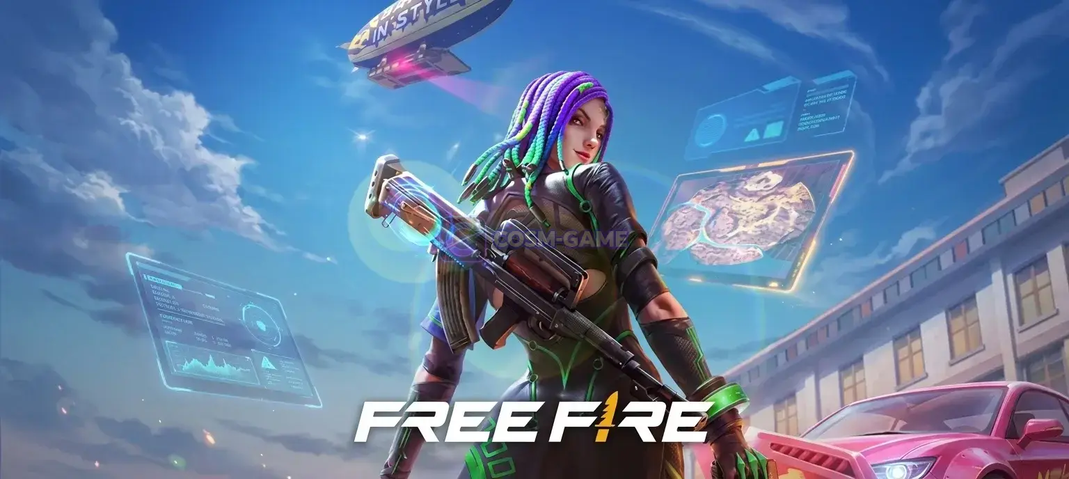 A Free Fire squad gathers around a decorated sports car during the game's ninth-anniversary celebration.