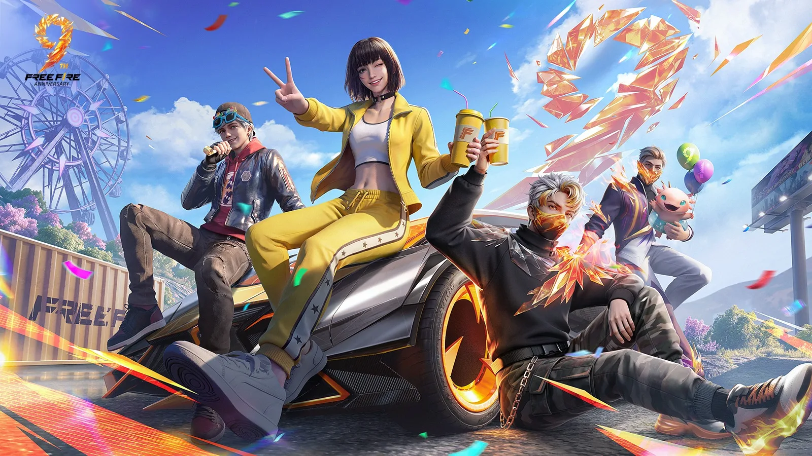 Free Fire characters gathered around a sports car during the 9th anniversary celebration