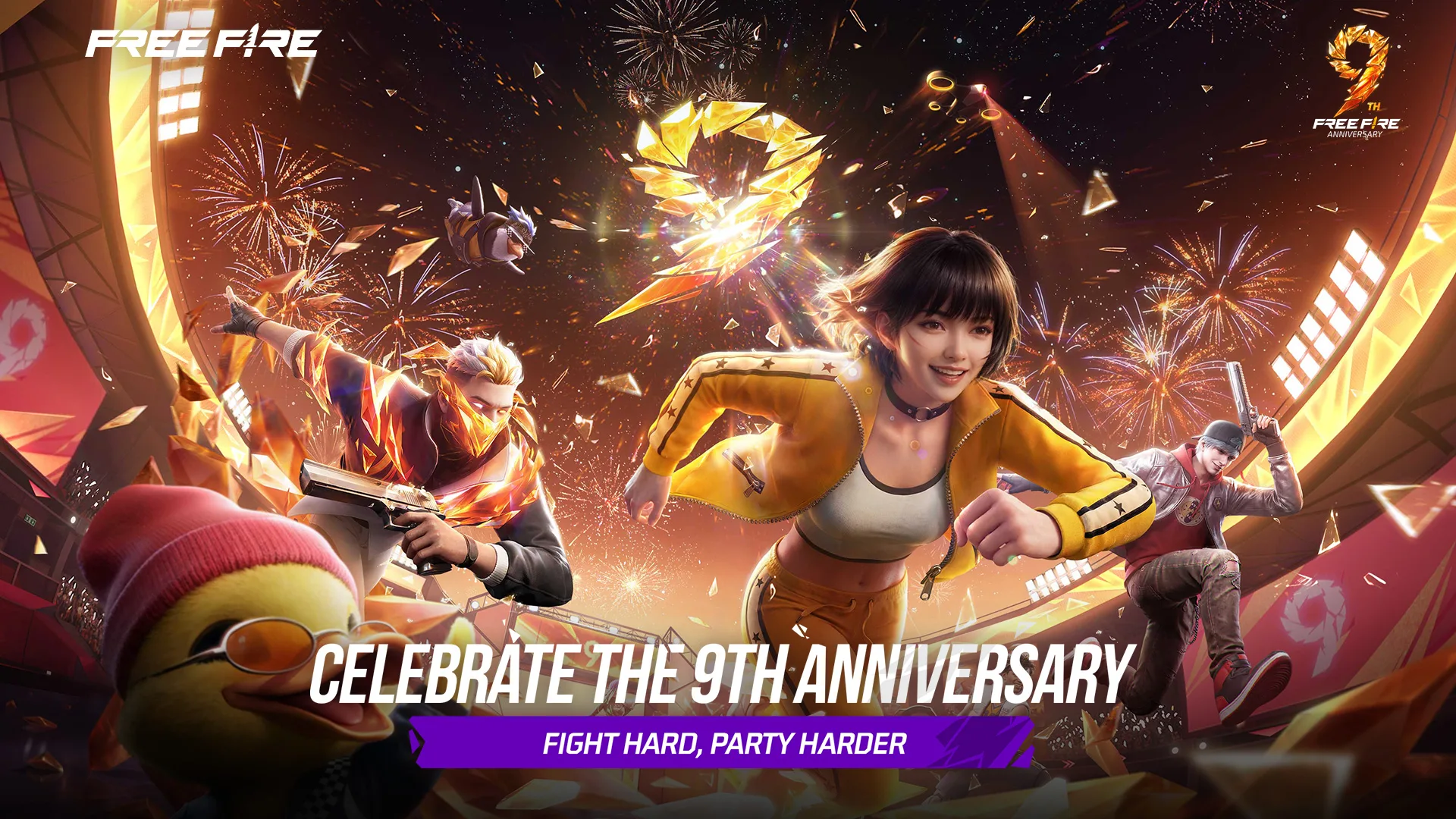Free Fire fighters celebrating beneath fireworks in the ninth-anniversary key art.