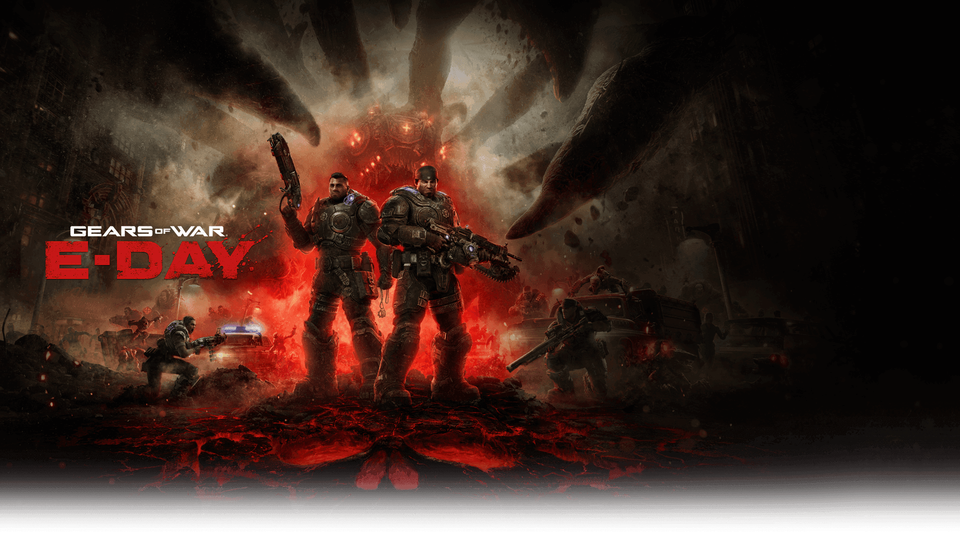 Marcus Fenix and Dominic Santiago amid the destruction of Emergence Day in official Gears of War E-Day key art.
