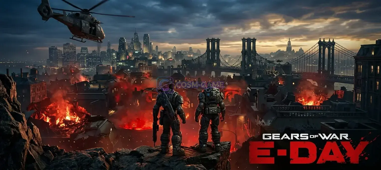 Marcus Fenix and Dominic Santiago stand amid the destruction of Emergence Day with danger looming behind them.