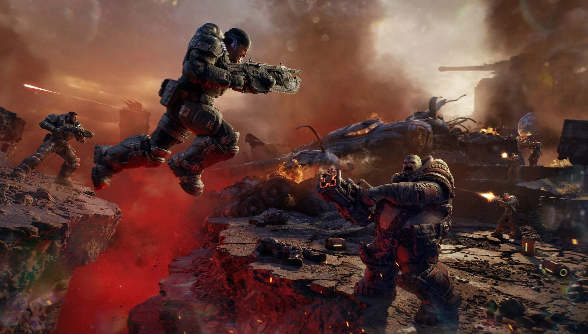 Marcus Fenix vaults through a ruined street during Gears of War E-Day combat in official Xbox artwork