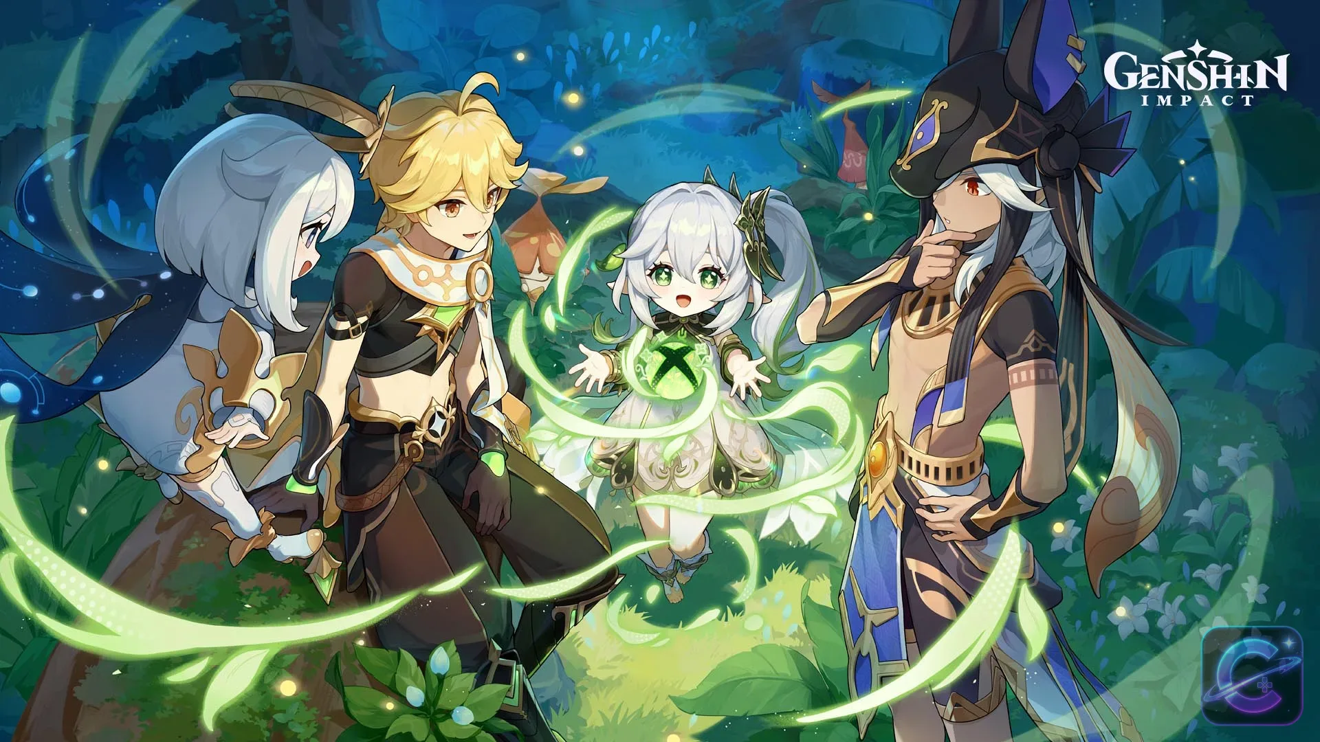 Genshin Impact characters standing together in a lush fantasy landscape