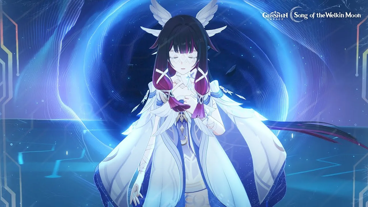 Columbina stands beneath moonlight in HoYoverse’s Where the Moon Belongs cutscene