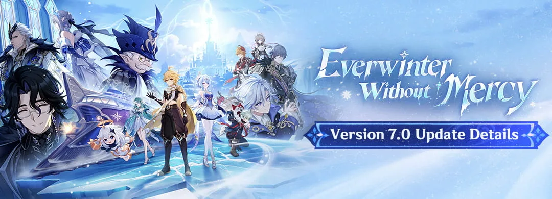 Key art for Genshin Impact Version 7.0 "Everwinter Without Mercy" showing the Snezhnaya region