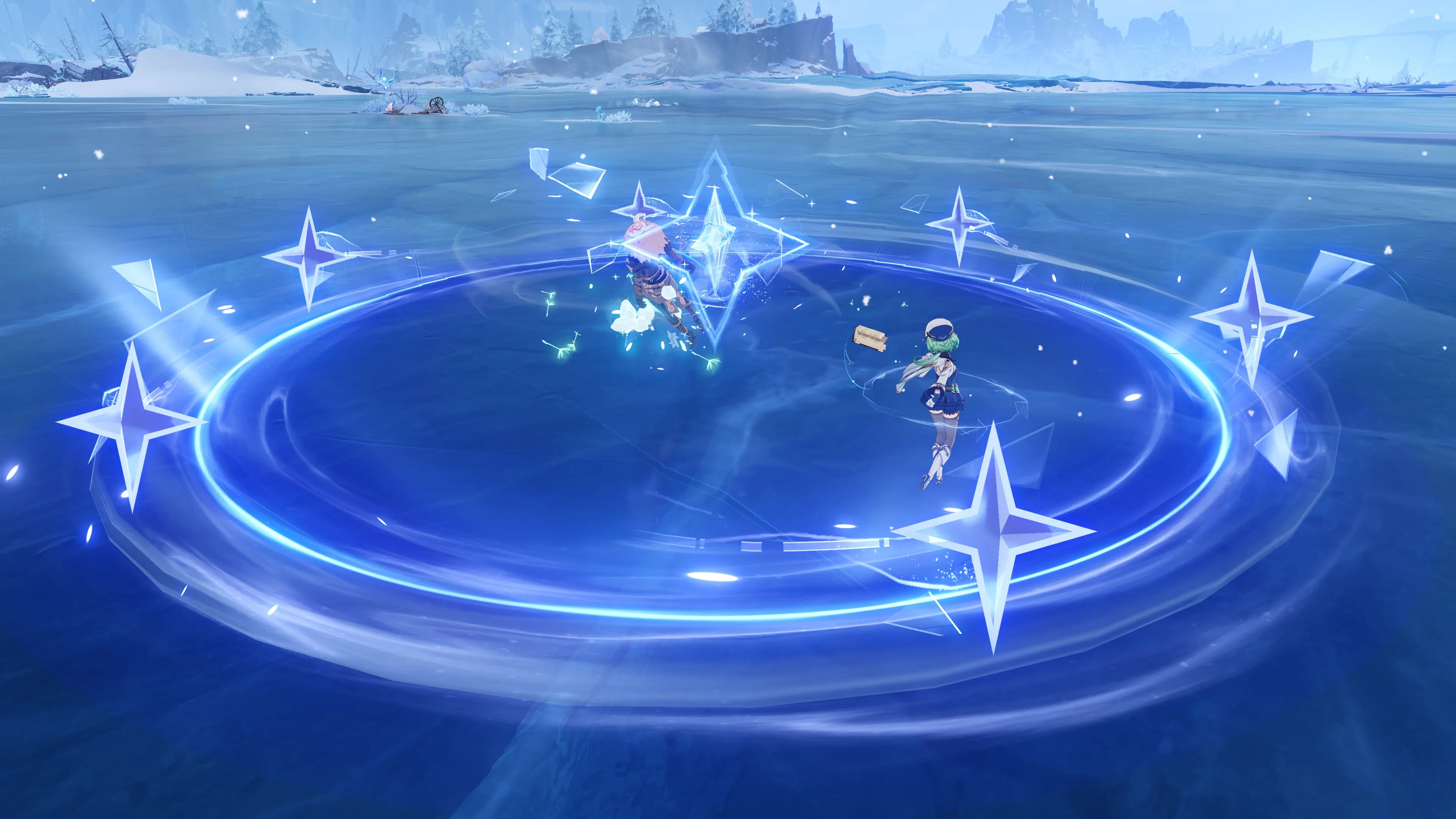Characters fight on frozen ground inside the blue ring of a Stellar Swirl reaction.