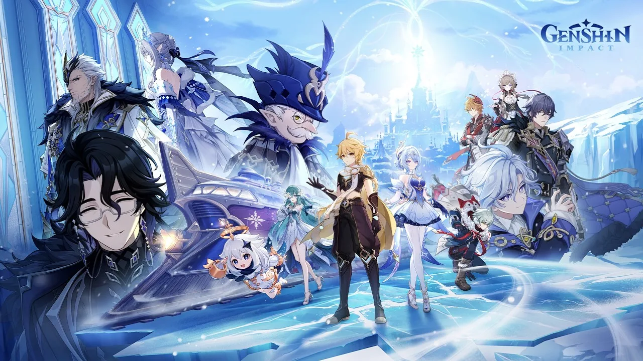 Genshin Impact Version 7.0 artwork presents characters from the frozen Snezhnaya chapter.