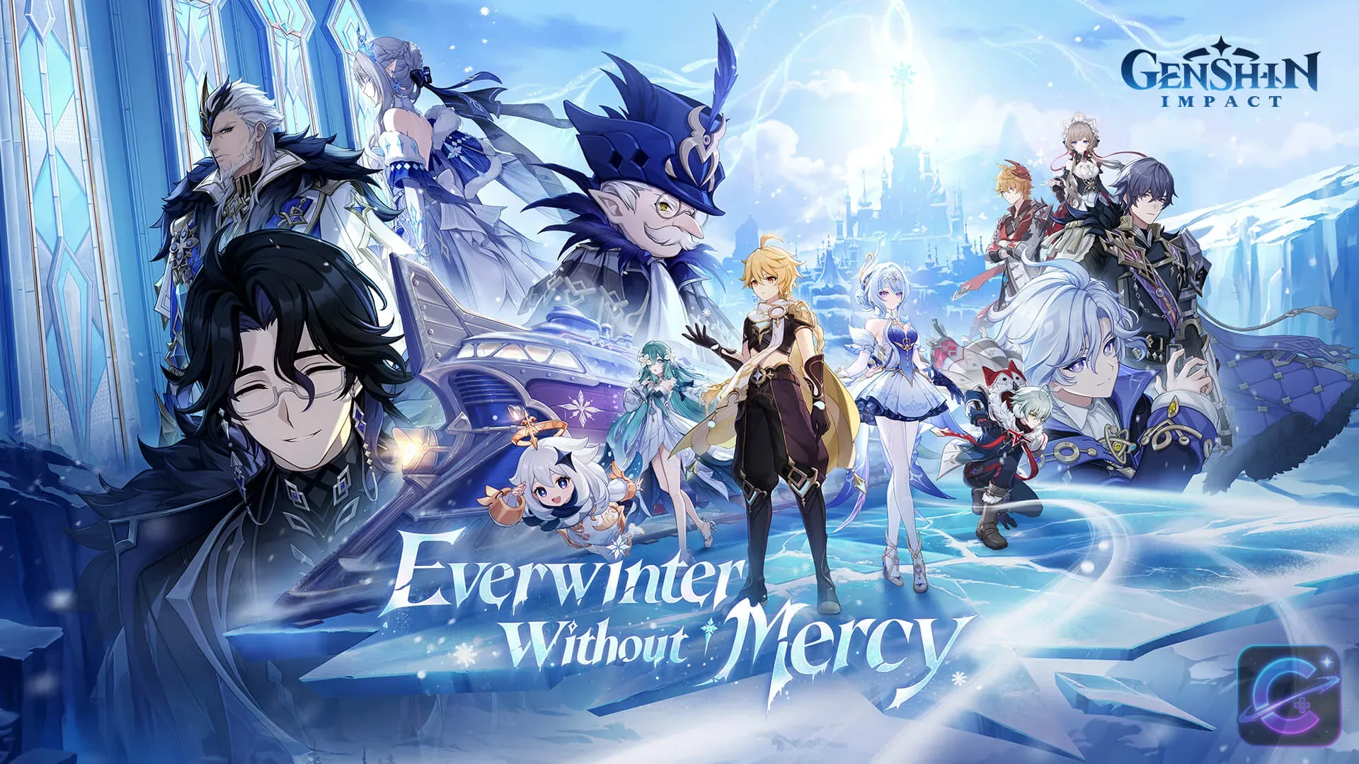 Genshin Impact Version 7.0 Everwinter Without Mercy key art showing the Traveler and other characters in a frozen setting.