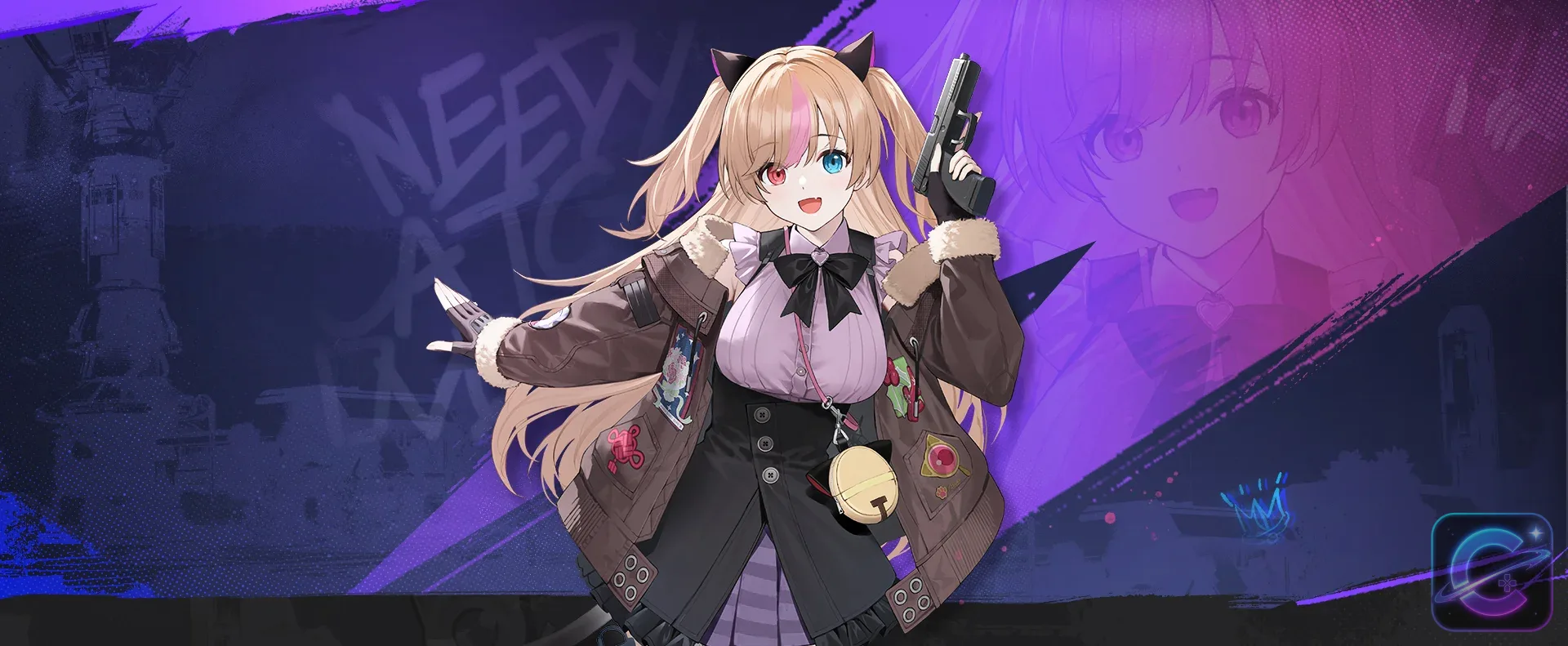 Basti poses with a pistol against a purple and blue background.