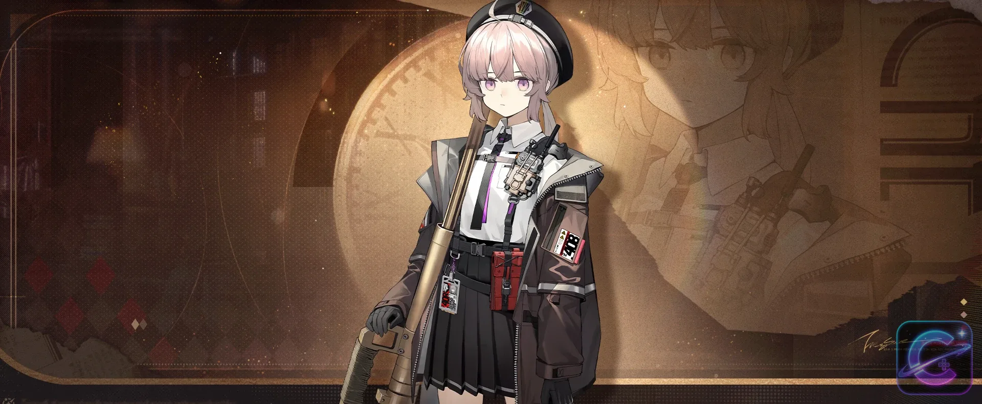 Cheyanne stands in a beret and tactical jacket while holding a long firearm.