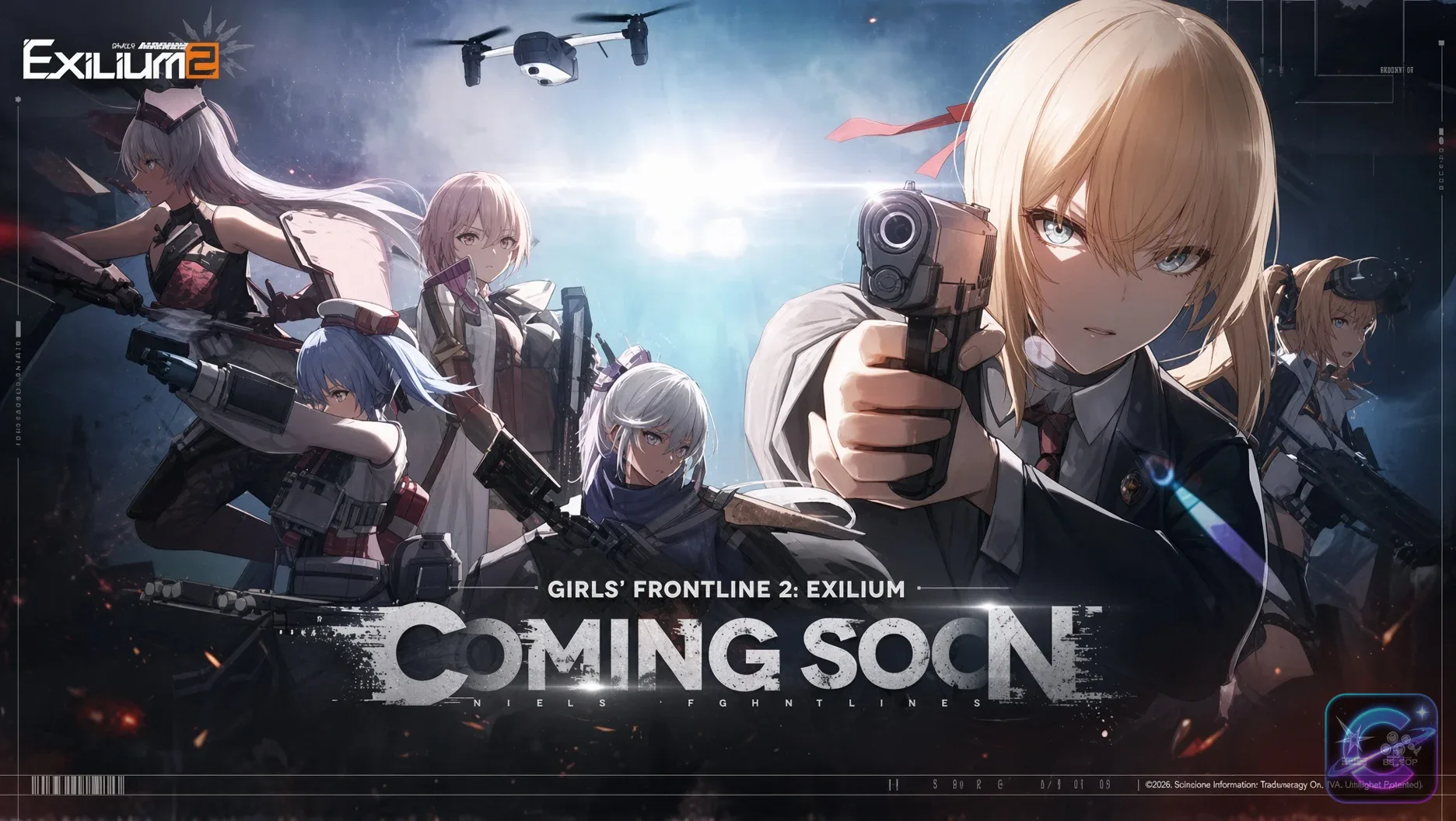 Key art for GIRLS' FRONTLINE 2: EXILIUM featuring T-Dolls in tactical gear