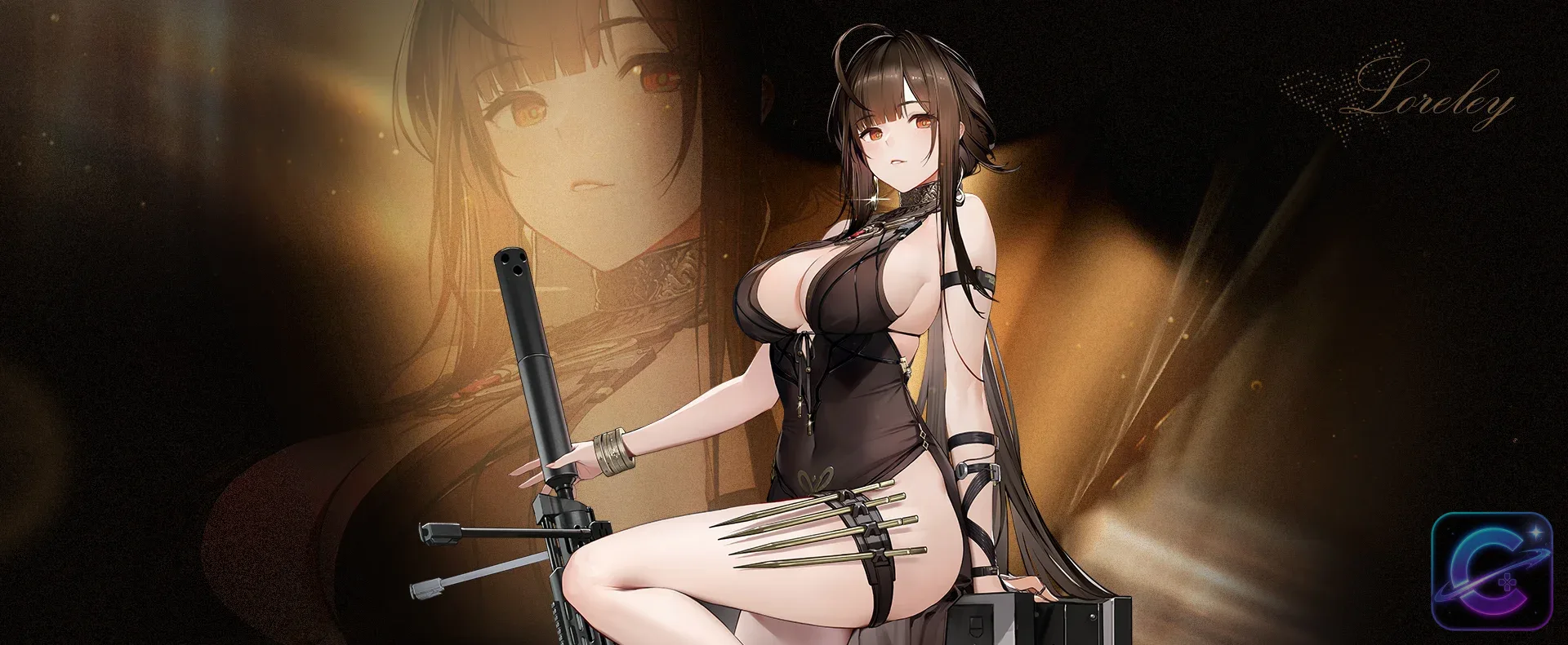 Loreley sits with her weapon against a black and gold background.