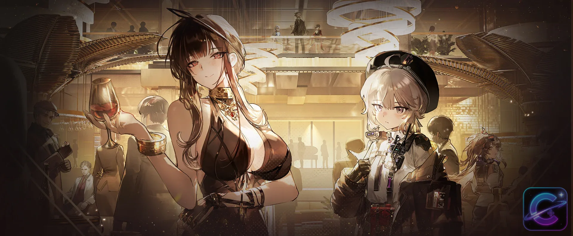 Loreley and a pale-haired Doll stand inside a gold lit lounge with other figures behind them.