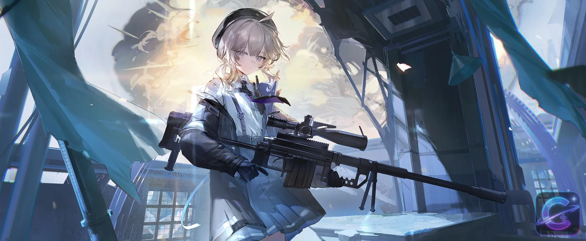 A pale-haired Doll holds a long rifle beneath broken structures in a bright ruined setting.