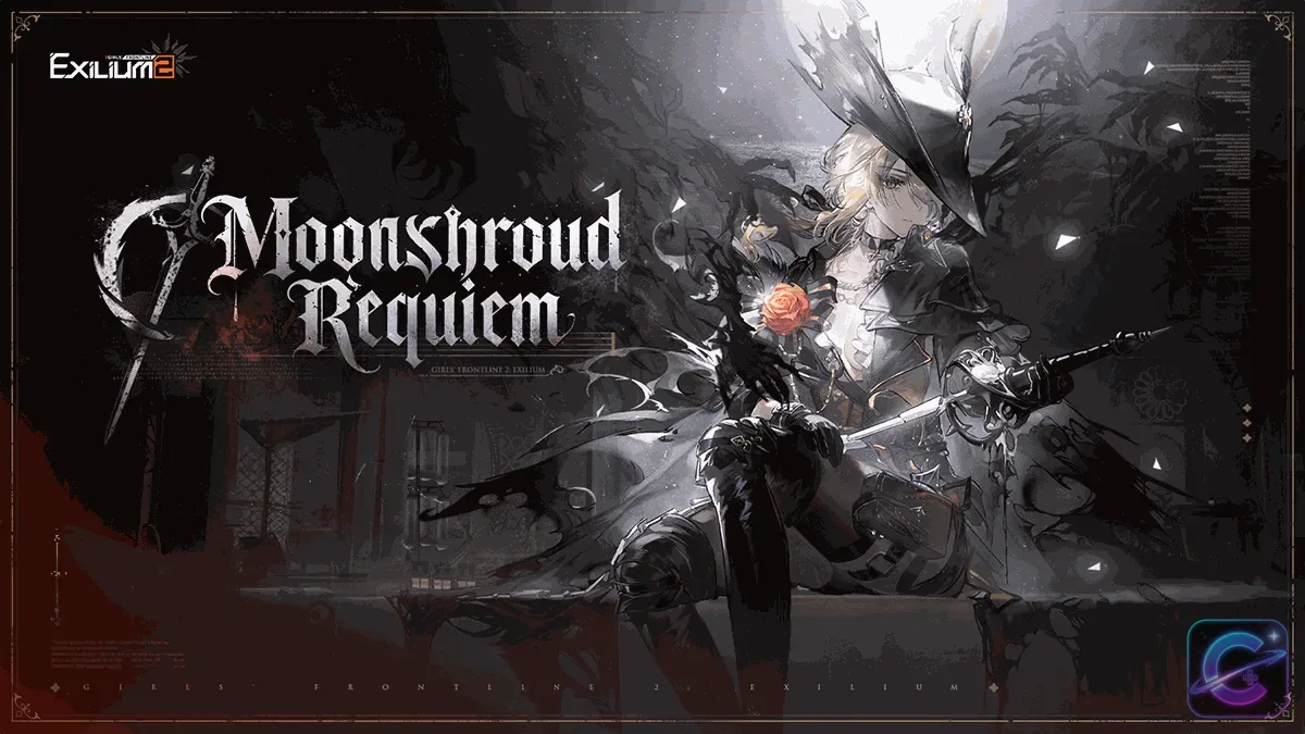Sextans sits with an orange rose and sword beneath the Moonshroud Requiem title.