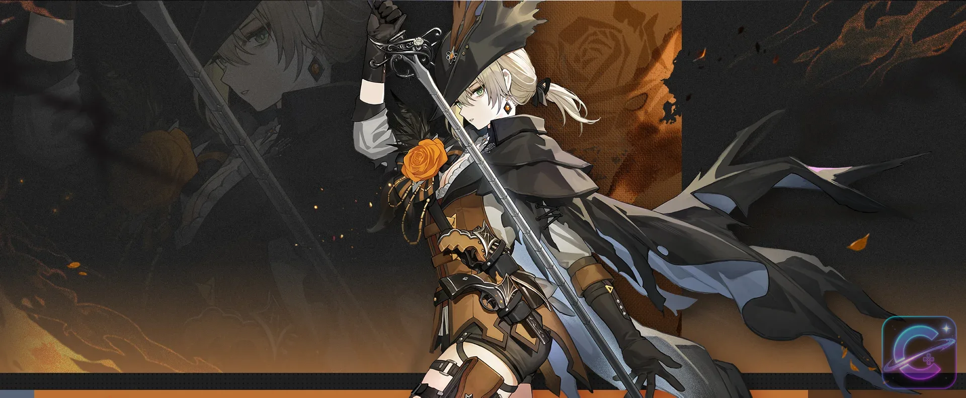 Sextans holds a long sword beside an orange rose against a dark tactical backdrop.