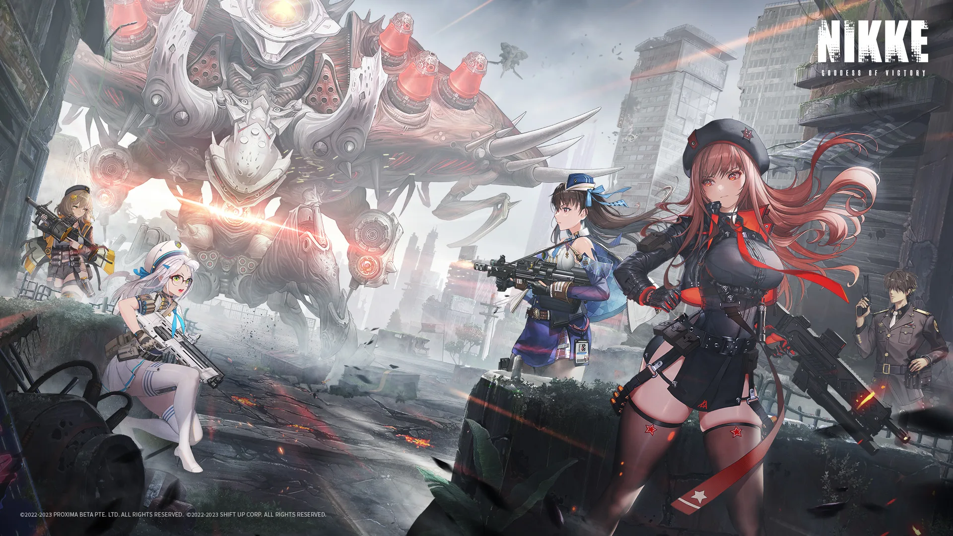 A squad of armed Nikkes faces a massive Rapture amid ruined city buildings.
